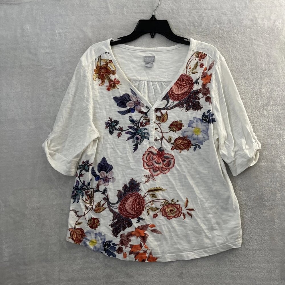 Chico's Womans Blouse Top White Large 2 Floral Short Sleeve Cotton Blend V Neck